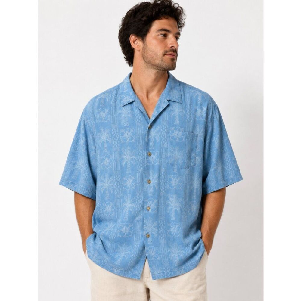 Tommy Bahama 100% Silk Hawaiian Camp Shirt XL Blue Floral Palm